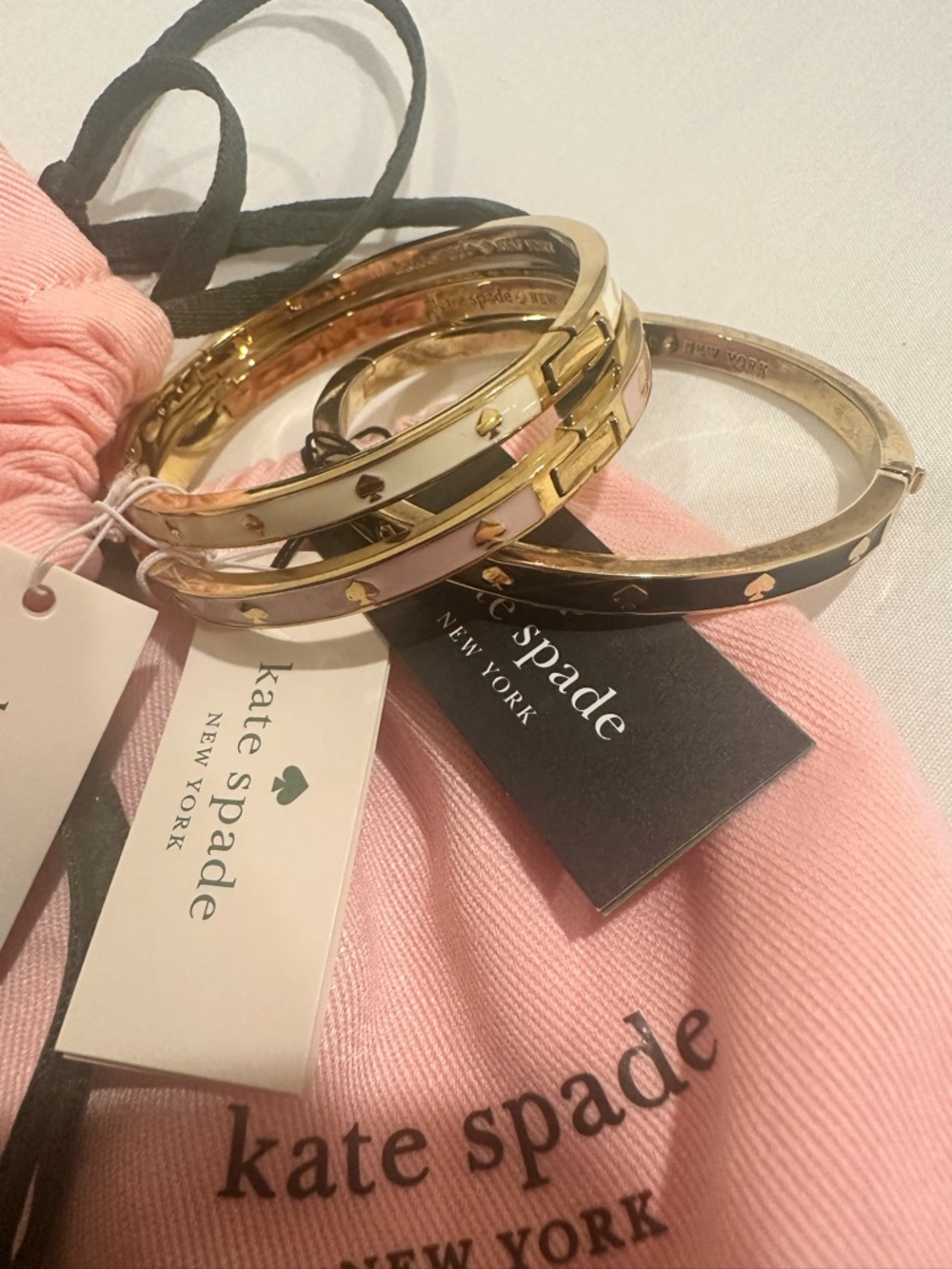 Kate Spade Pink White Black Enamel Spade-Accent Gold Bangle Set